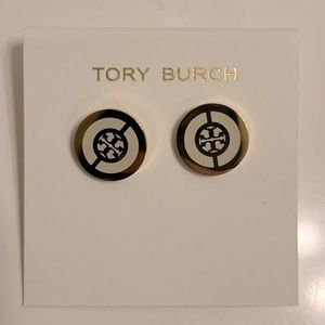 Tory Burch logo white enamel button earrings NWT